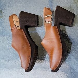 Bosabo France Chunky Clogs Brown Cognac Leather Peep Toe Platform Sling Back 41